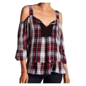 NWT Plaid Tartan Cold Shoulder Ruffle Peplum Top S