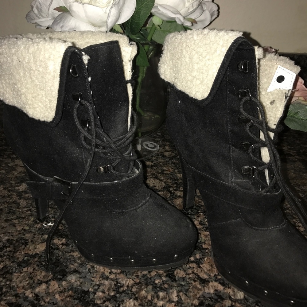 Black Shearling Heeled Boots