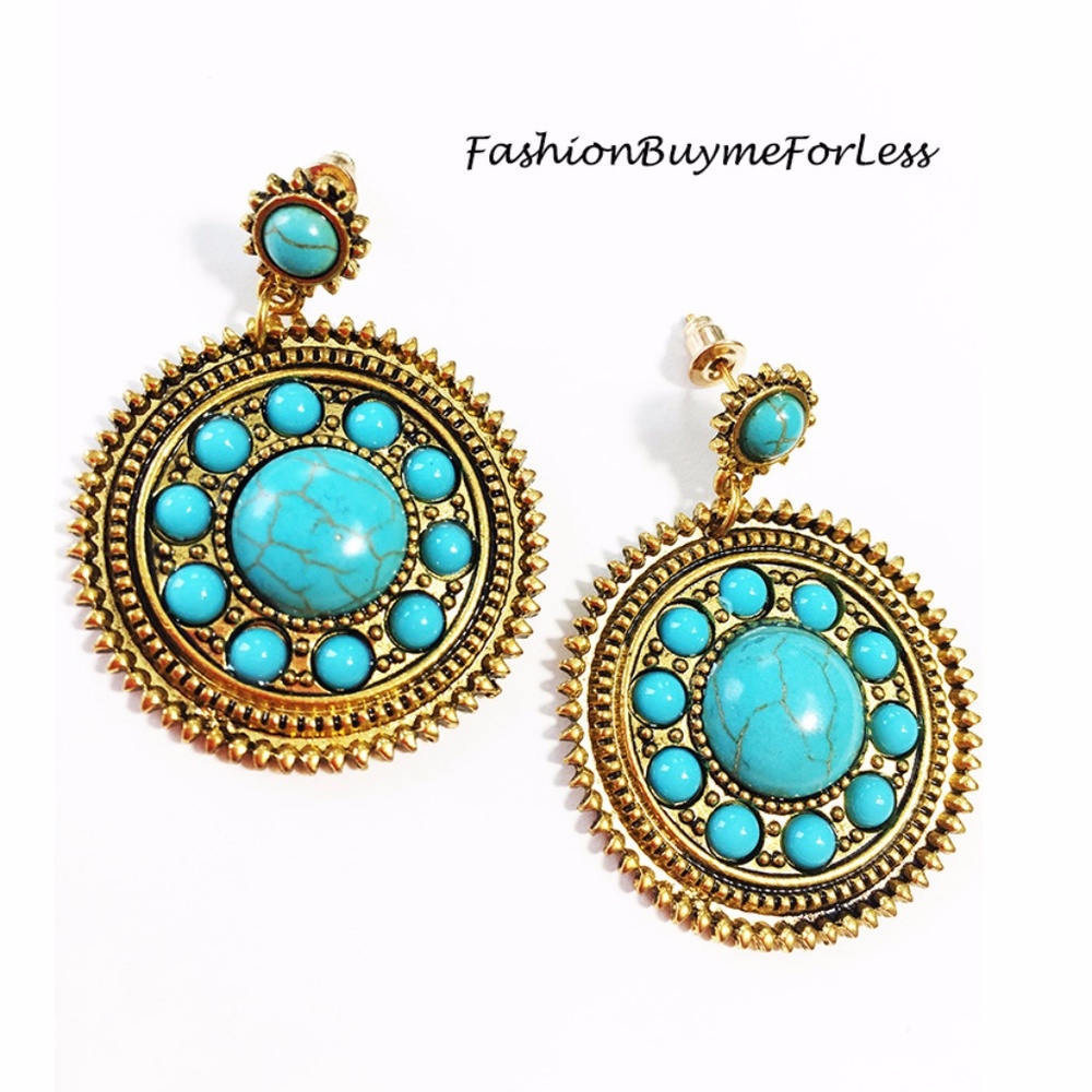 BOHO Bohemian Gold Medallion Gemstone Drop Earring