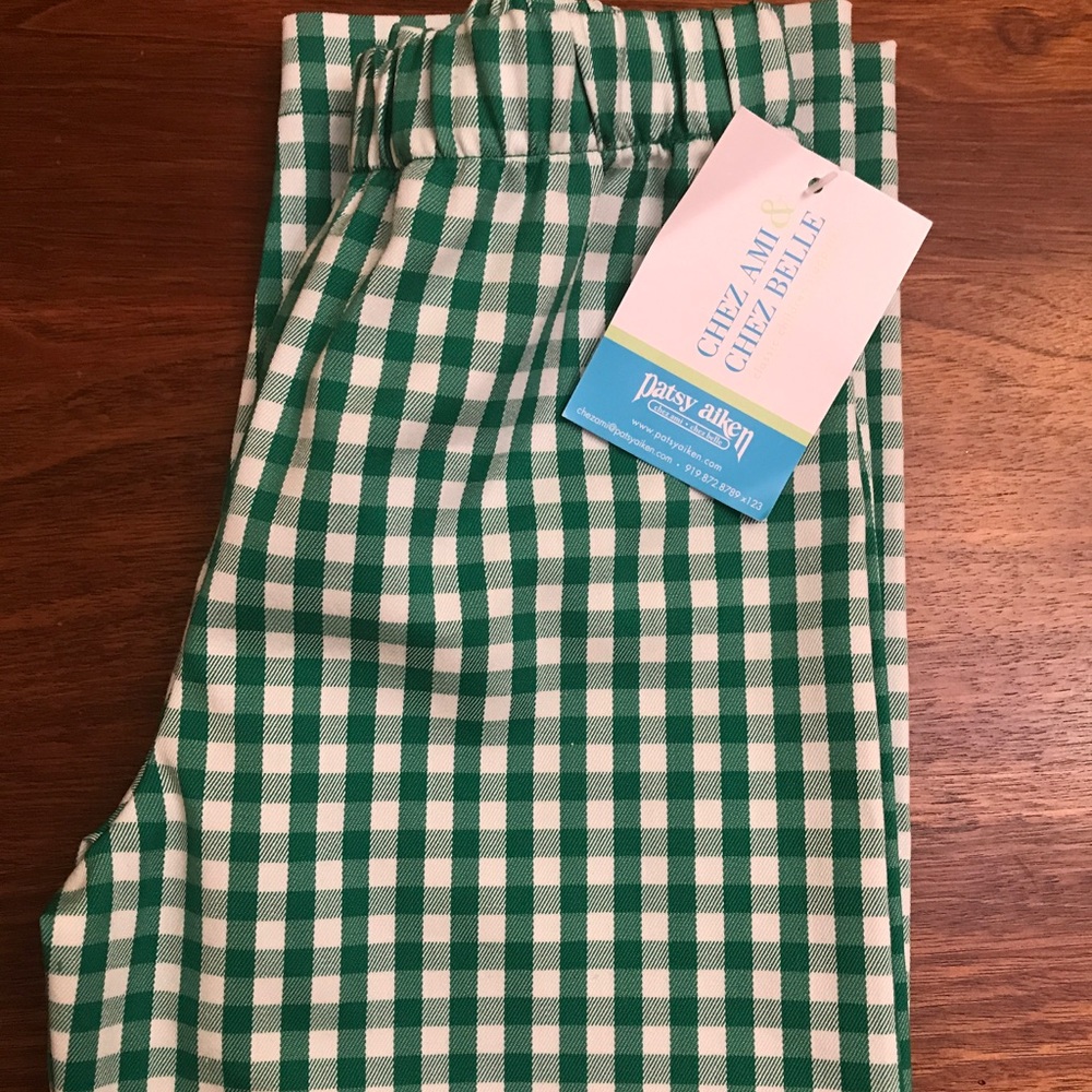 Green and white gingham check unisex cotton pants