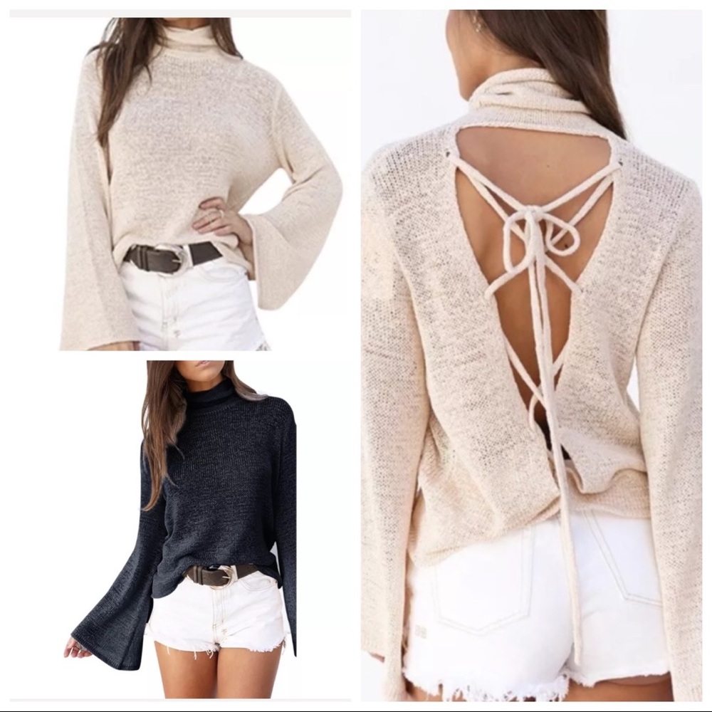 Knitted turtleneck w/laced up back & bell sleeves - Picture 1 of 7