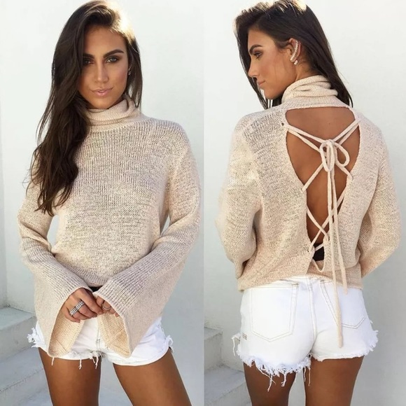 Knitted turtleneck w/laced up back & bell sleeves - Picture 2 of 7