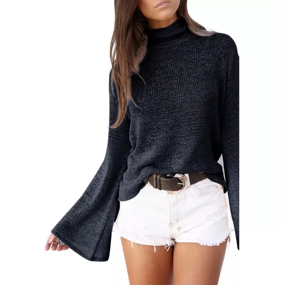 Knitted turtleneck w/laced up back & bell sleeves - Picture 6 of 7