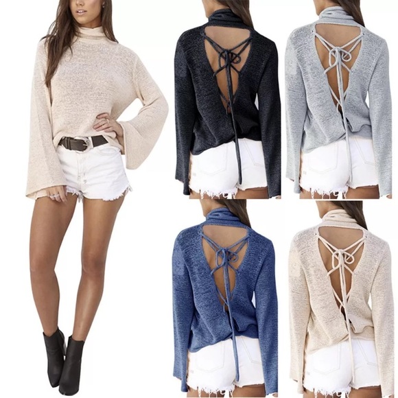 Knitted turtleneck w/laced up back & bell sleeves - Picture 7 of 7