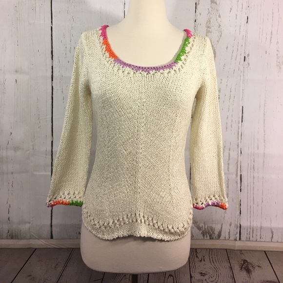 Neiman Marcus Scoop-neck Cream Knit Sweater with Multi Color Trimming - Picture 1 of 8