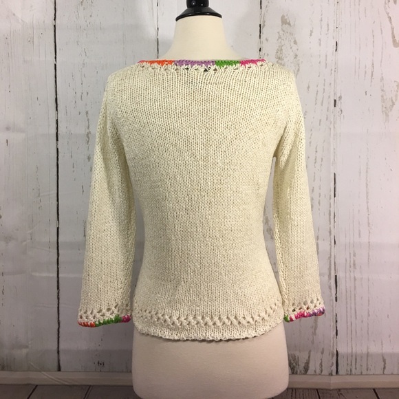 Neiman Marcus Scoop-neck Cream Knit Sweater with Multi Color Trimming - Picture 3 of 8