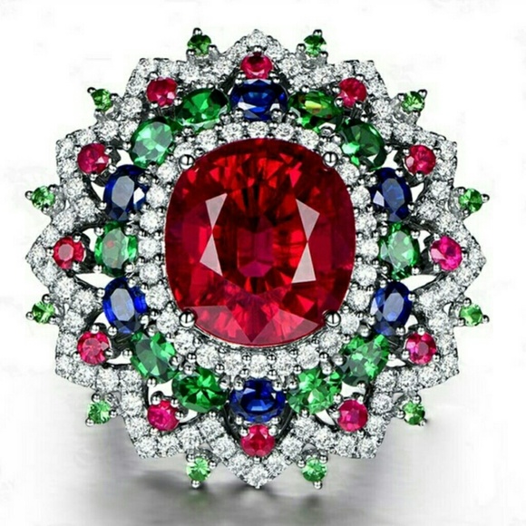 Ruby Emerald Sapphire Sterling Silver Ring lab created - Picture 1 of 4