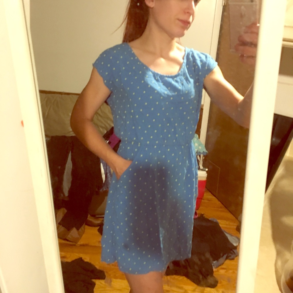 Blue with yellow poka dots dress with pockets