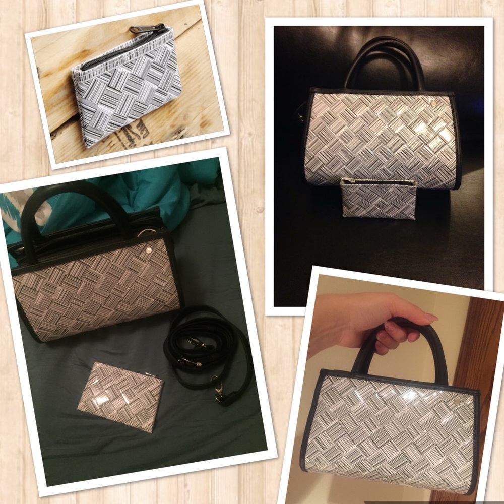 Handbag & zip coin wallet made of barcode labels