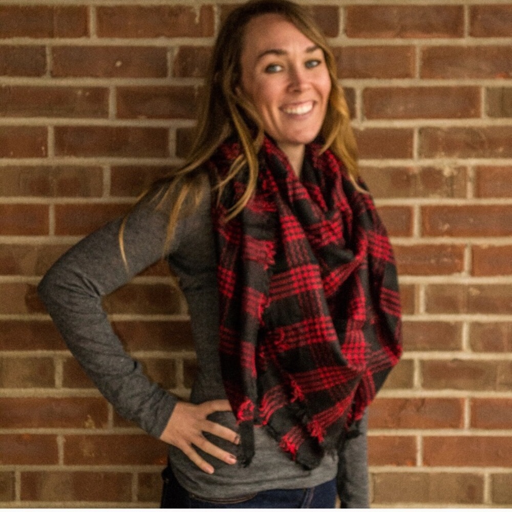 SOLD!! Red Plaid Blanket Scarf - Picture 4 of 5