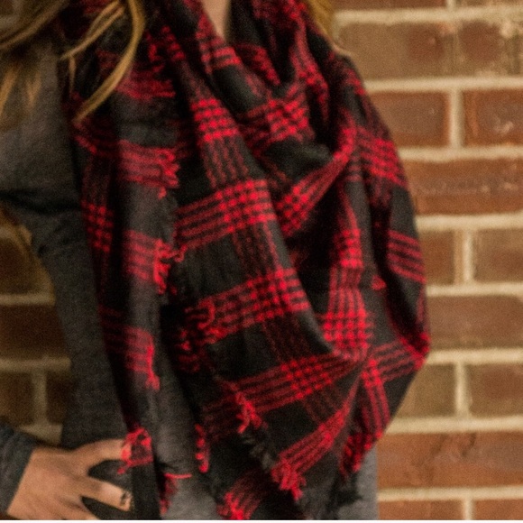 SOLD!! Red Plaid Blanket Scarf - Picture 2 of 5