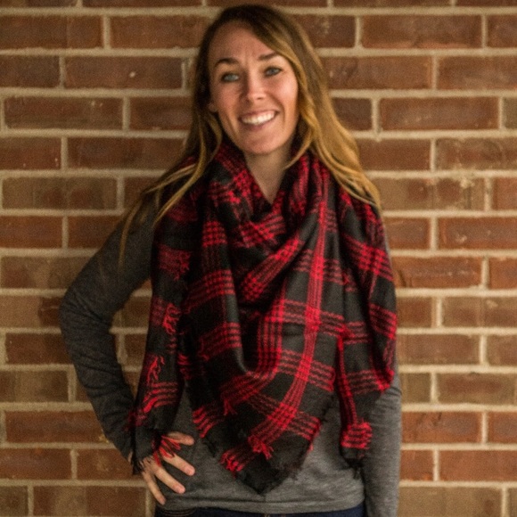 SOLD!! Red Plaid Blanket Scarf - Picture 3 of 5