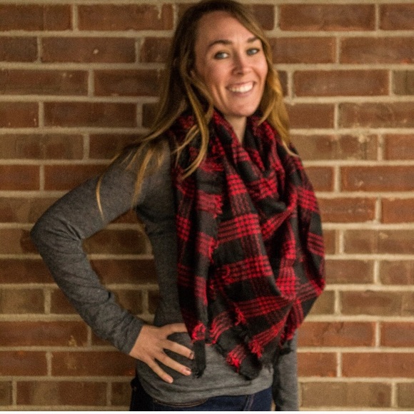 SOLD!! Red Plaid Blanket Scarf - Picture 4 of 5