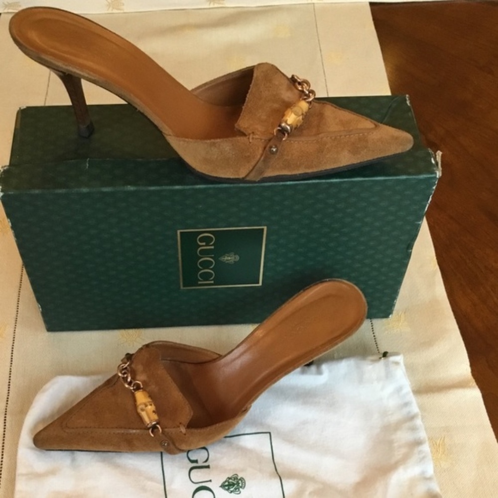 Gucci Suede Pointed-Toe Mule w/ Bamboo accent