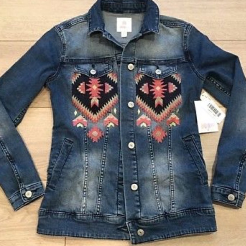 Lularoe Jaxon jean jacket embroidered new Aztec xs