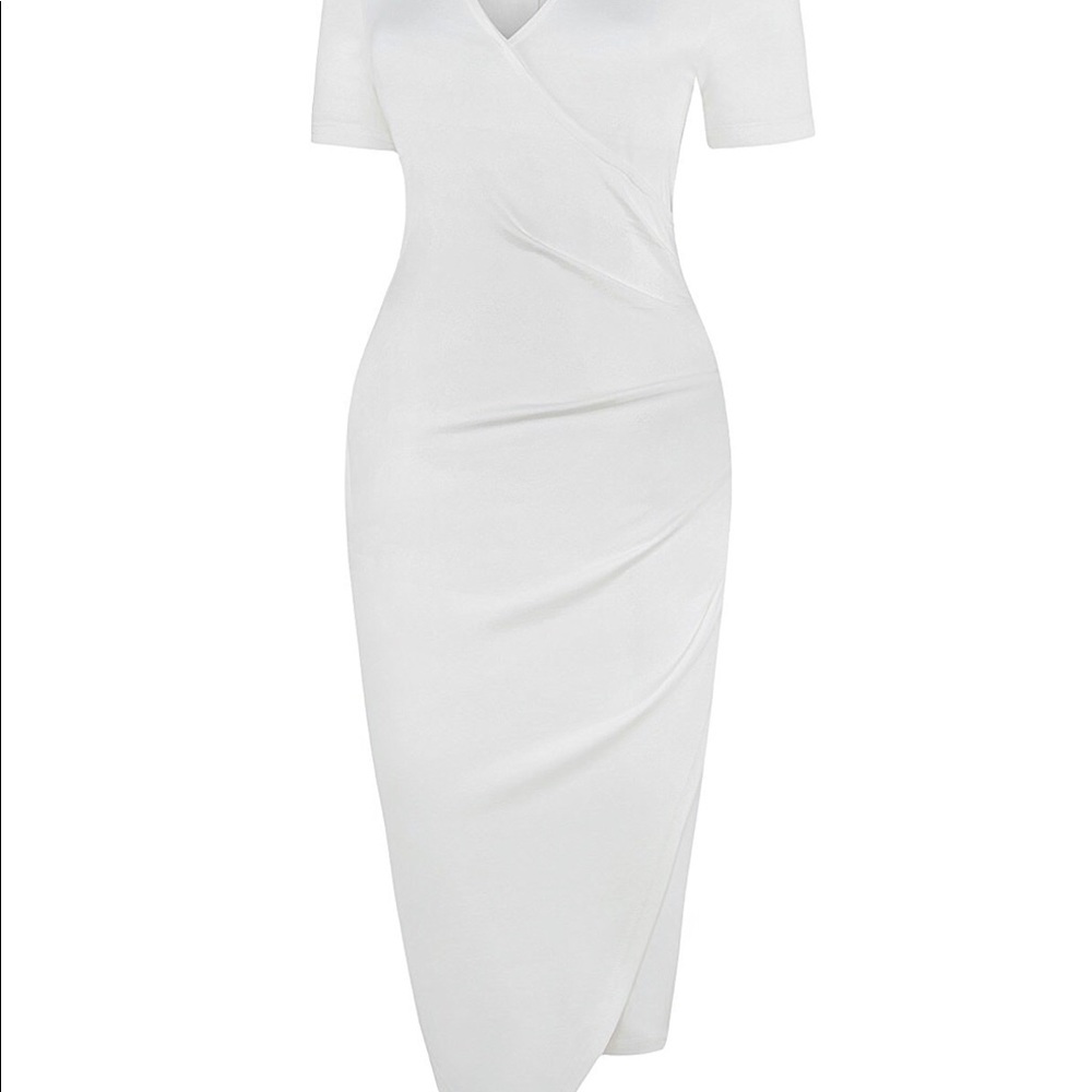 Asymmetrical,Fold,Short Sleeve,V-neck white dress