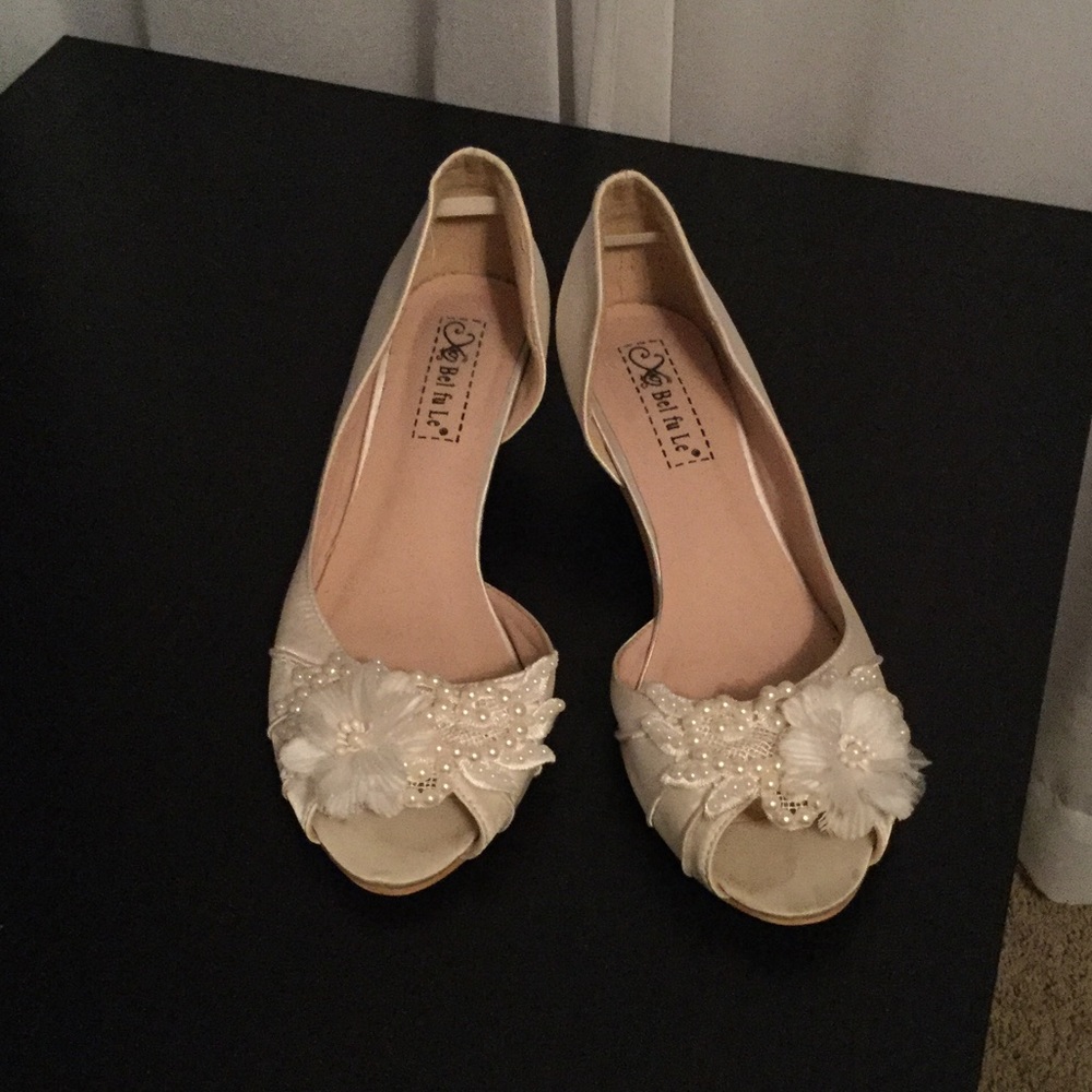 Pearl lace & satin wedding shoes, low heel