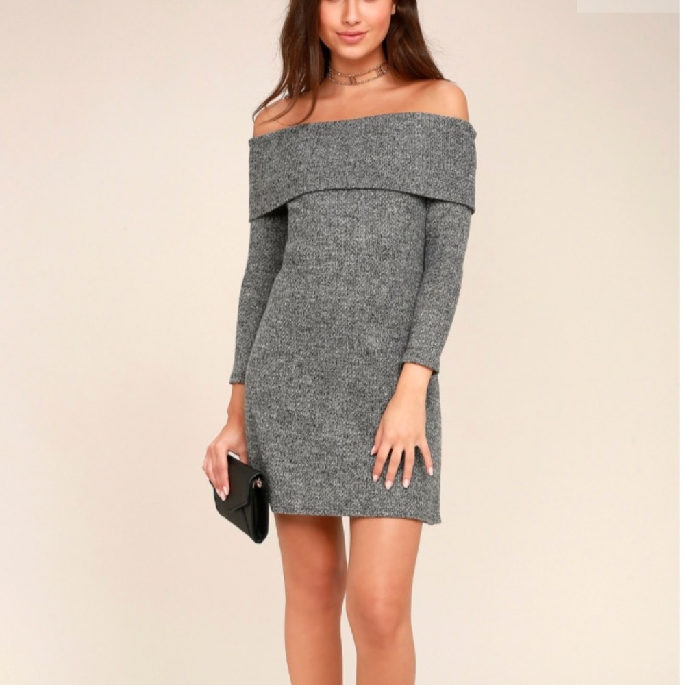GREY OFF-THE-SHOULDER SWEATER DRESS