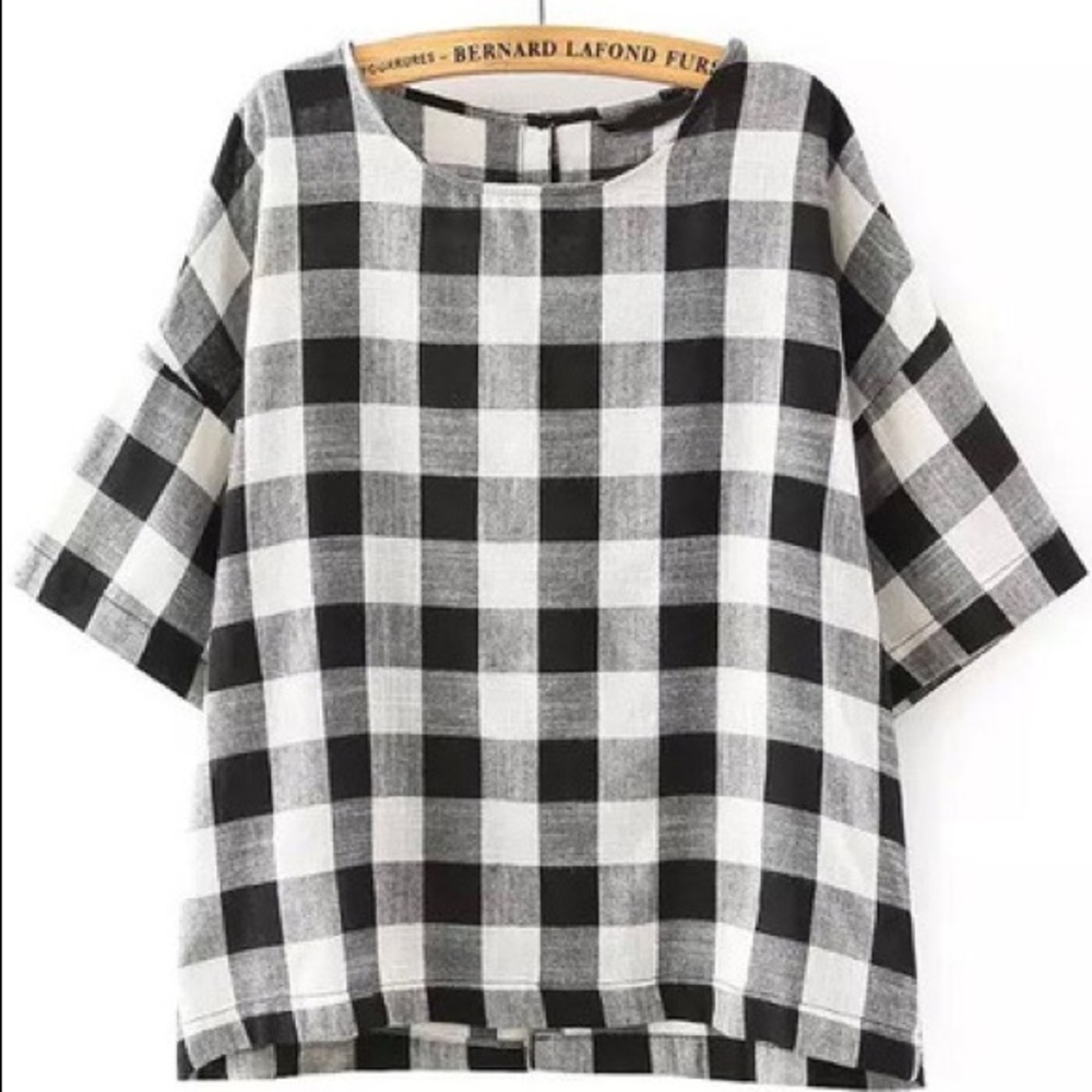 Black White Round Neck Plaid Loose Blouse