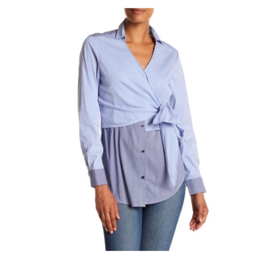 NWT Blue White Striped Wrap Front Tie Button Down