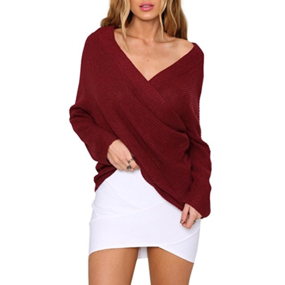 Cross Front Slouchy Off Shoulder Knit Sweater Wine - Picture 2 of 4