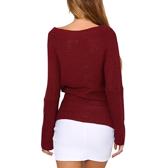 Cross Front Slouchy Off Shoulder Knit Sweater Wine - Picture 3 of 4