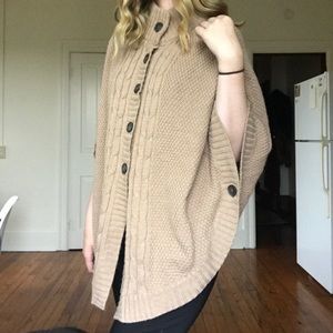 Tan Cable-Knit Button Up Poncho with High Collar