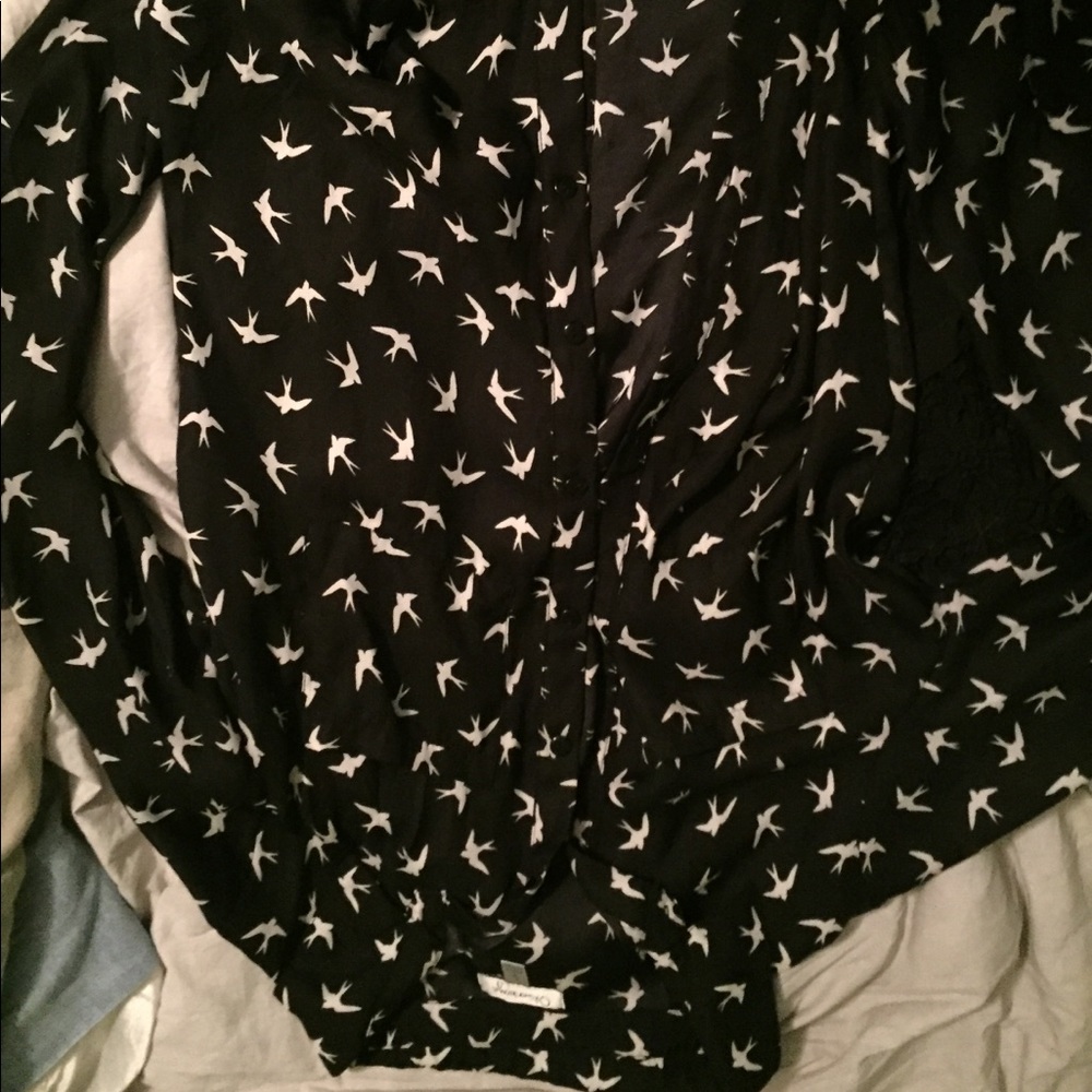 Dark blue sheer button up shirt with white birds