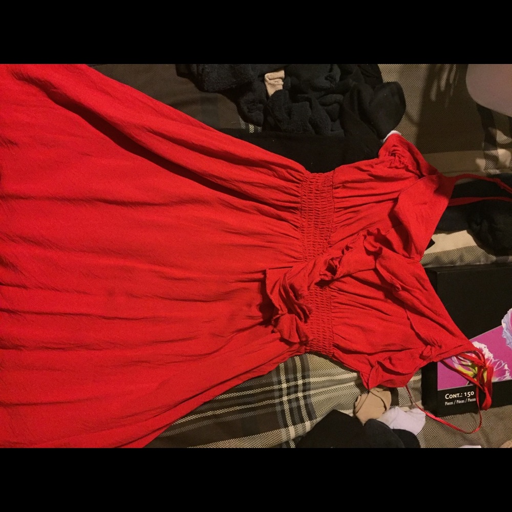 Red spaghetti strap dress with ruffle in front