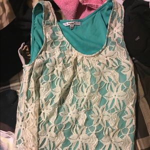 Teal underneath cream lace that splits in the back