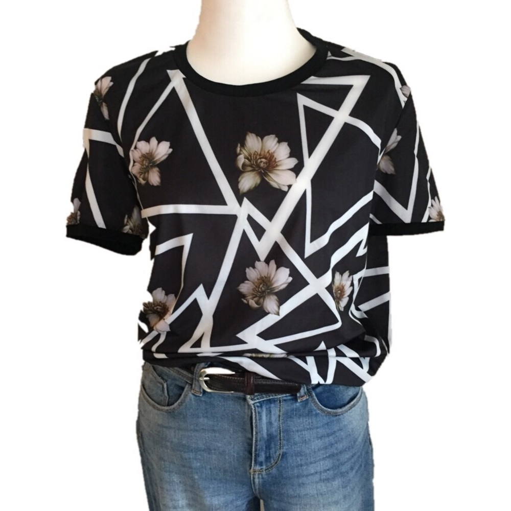 Black and White T-shirt with Flower Prints