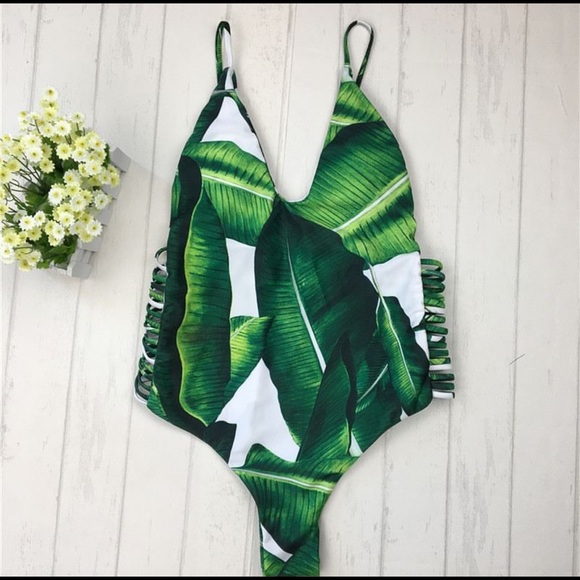 white and green leaf bathing suit