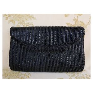 Black 80s/90s beaded Clutch w long strap