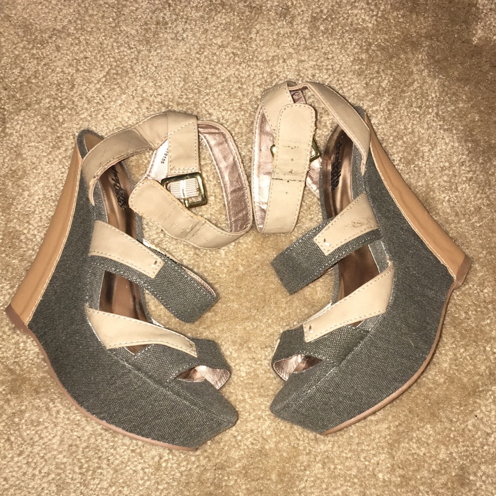 Tan and Denim Wedge Sandals
