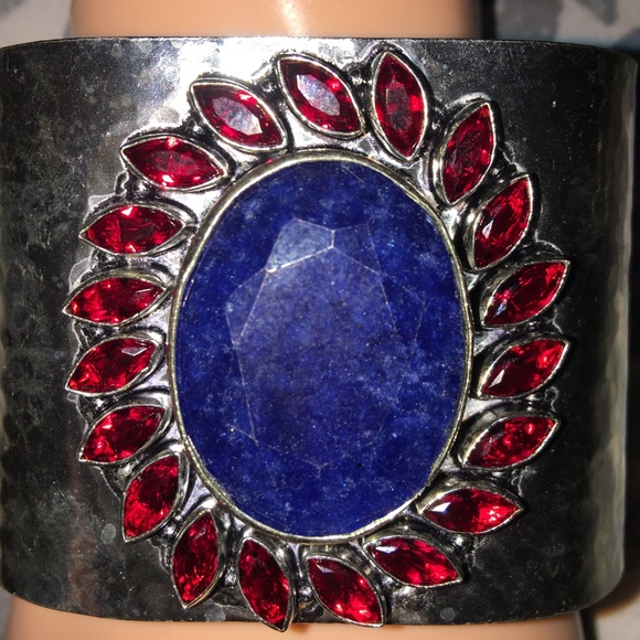 925 STERLING SILVER CUFF WITH LAPIS AND GARNETS - Picture 1 of 8