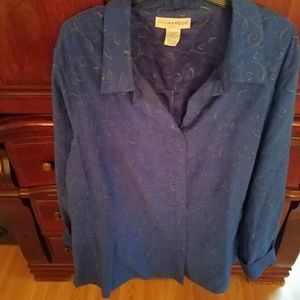Blue, long sleeved peach skin shirt.