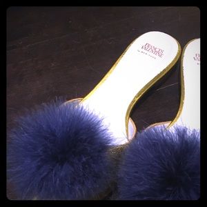 Frances Valentine slides mules with fur pompom