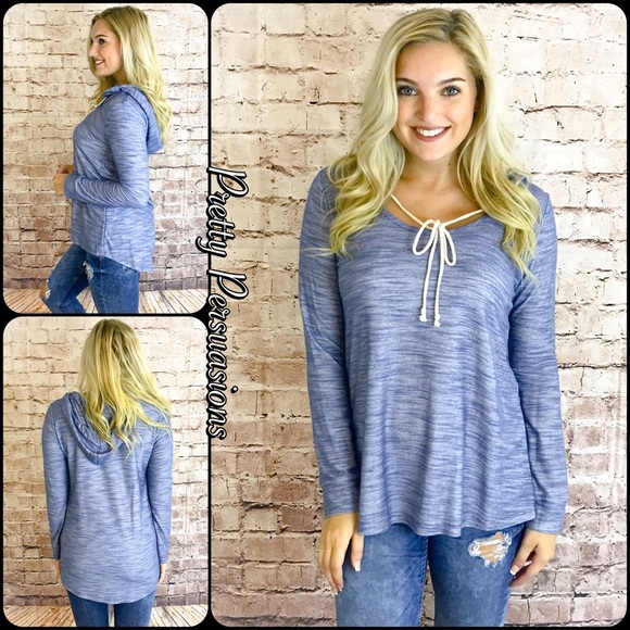 Washed Blue Relaxed Long Sleeve Hooded Top - Picture 2 of 6