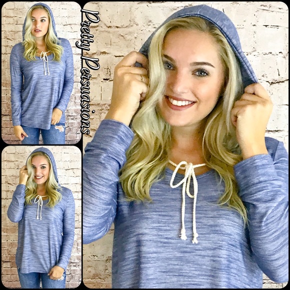 Washed Blue Relaxed Long Sleeve Hooded Top - Picture 5 of 6