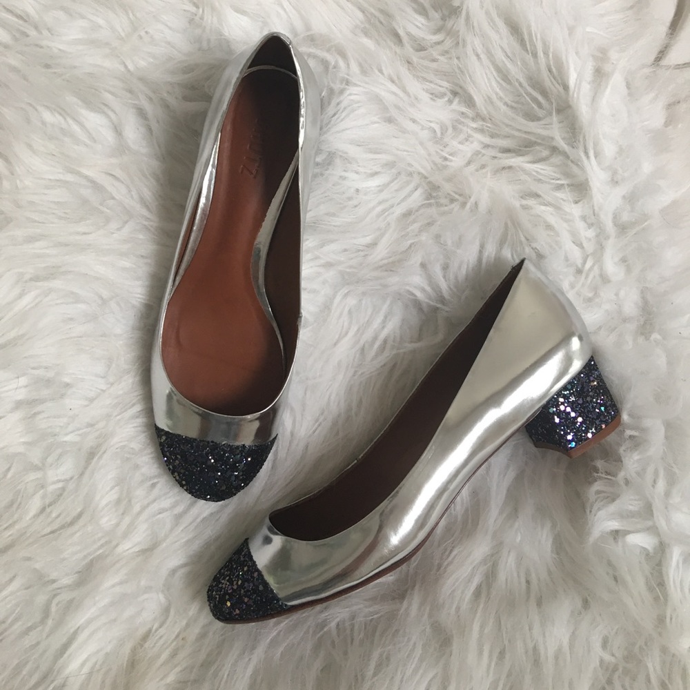 Schutz Silver & Glitter Block Heel Pumps