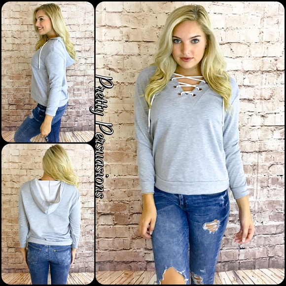 Pretty Persuasions Sweaters - NWT Gray Lace Up V-Neck Hooded Sweatshirt