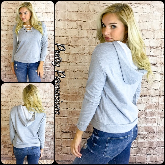 NWT Gray Lace Up V-Neck Hooded Sweatshirt - Picture 2 of 4