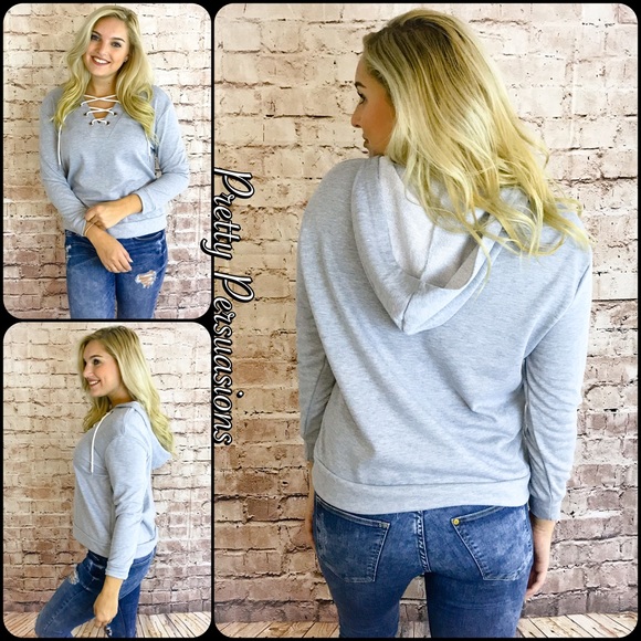NWT Gray Lace Up V-Neck Hooded Sweatshirt - Picture 3 of 4