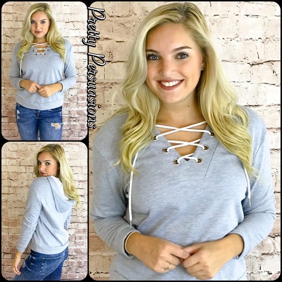 NWT Gray Lace Up V-Neck Hooded Sweatshirt - Picture 4 of 4