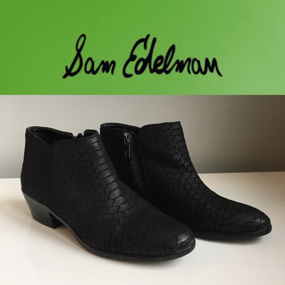Sam Edelman black leather croc ankle booties sz 6