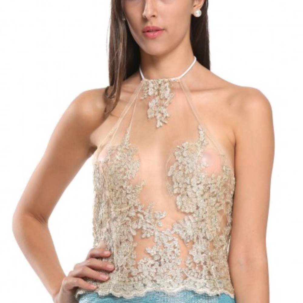Mesh lace glitter gold halter top