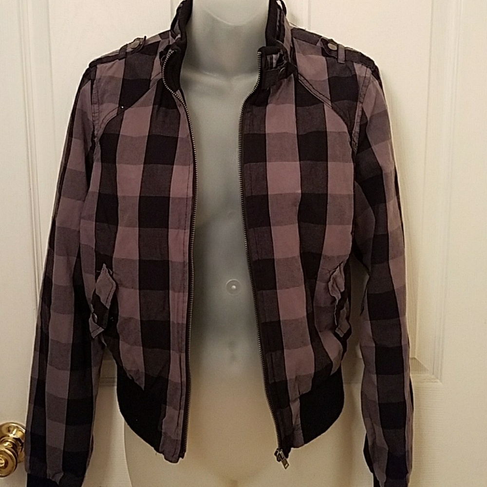 Black and gray plaid bomber jacket