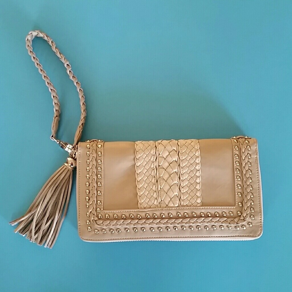 Tan Wristlet/Clutch with Gold Accents NWOT