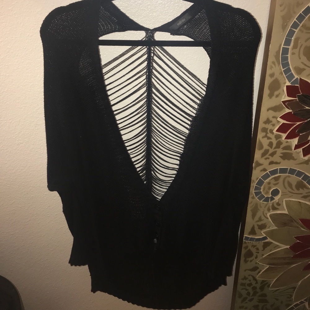 LF distressed high low open back cardigan