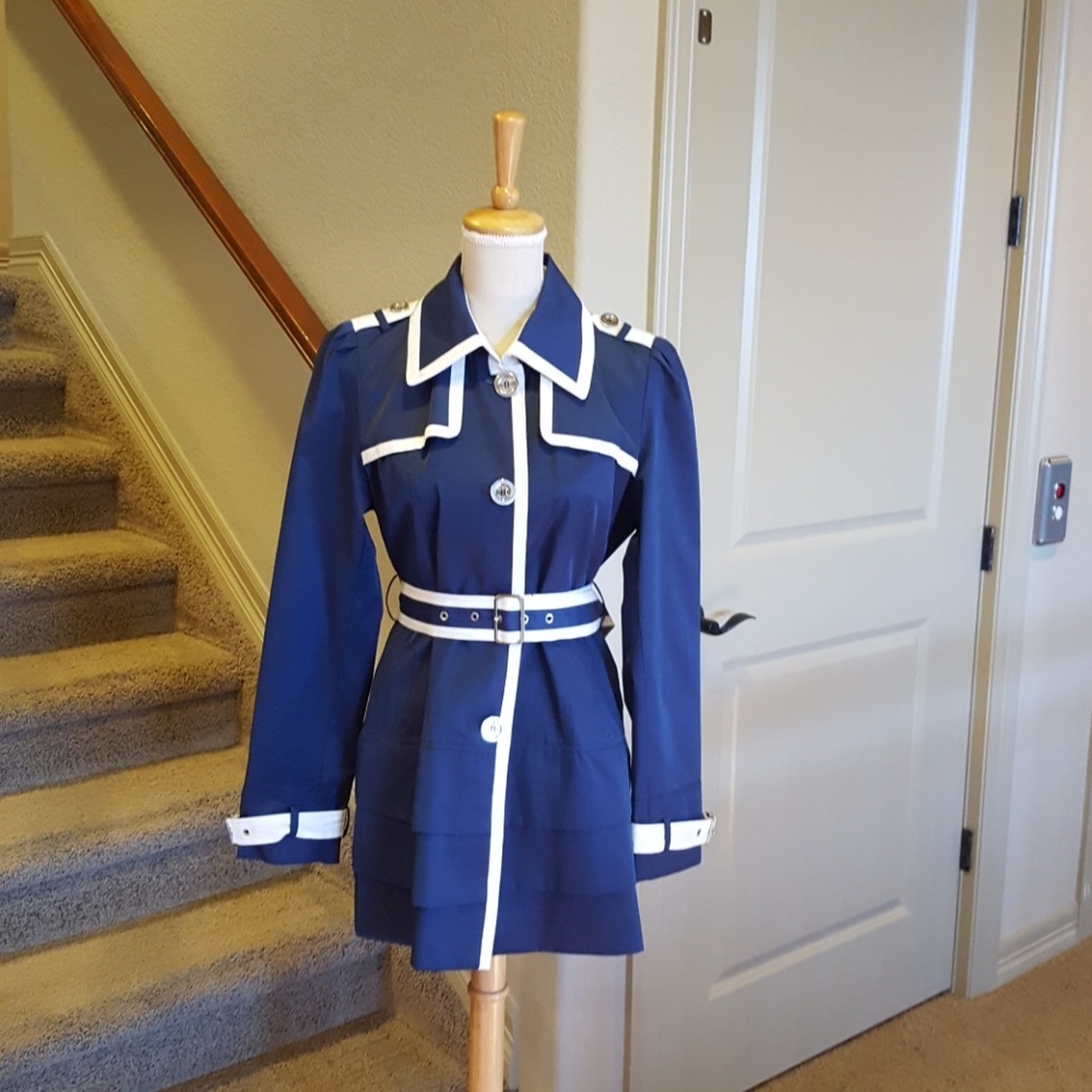 Guess Navy & White Ruffled Belted Trench L